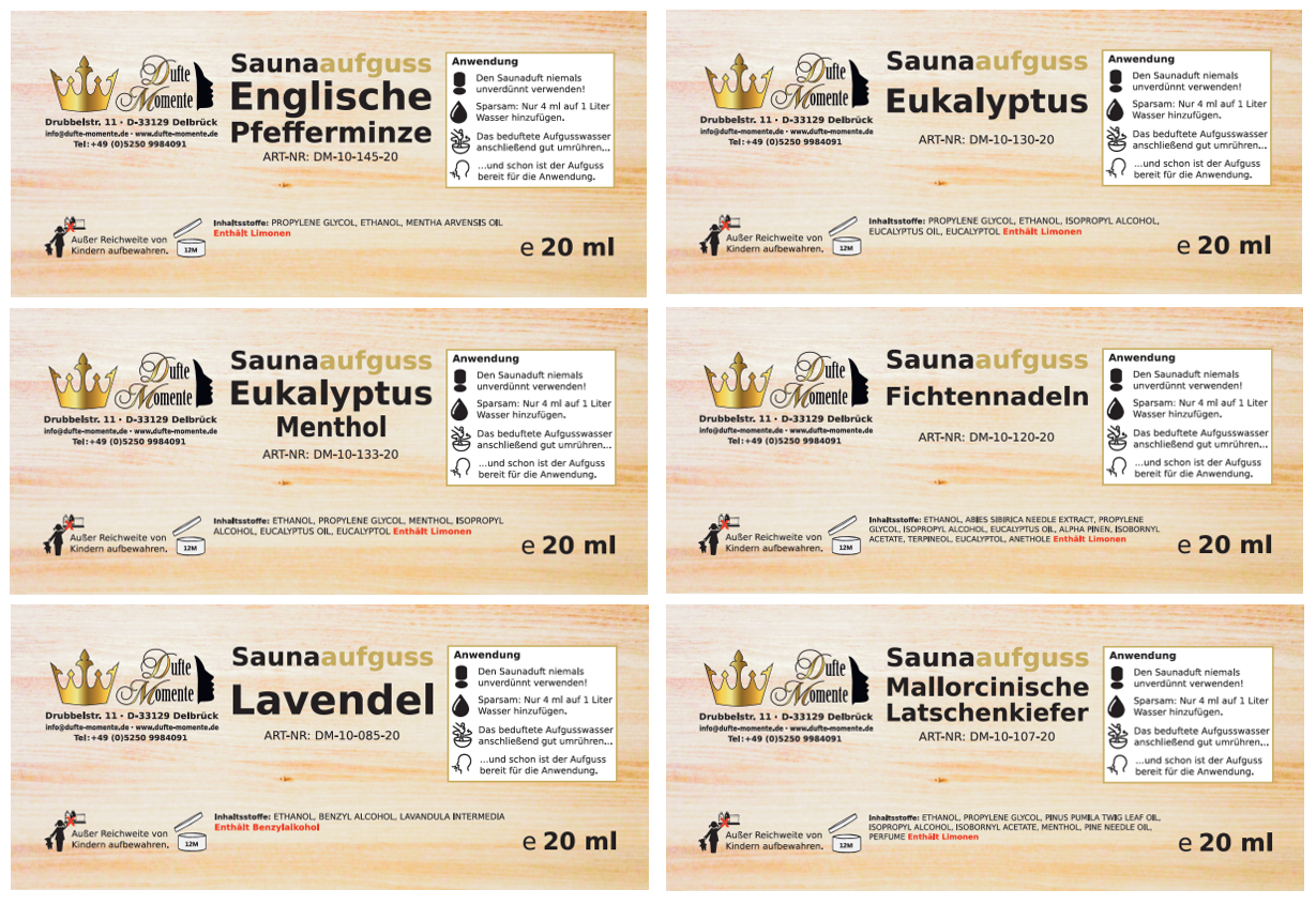 Übersicht Etiketten Saunaduft Konzentrat 20 ml 12er Set Klassiker 1