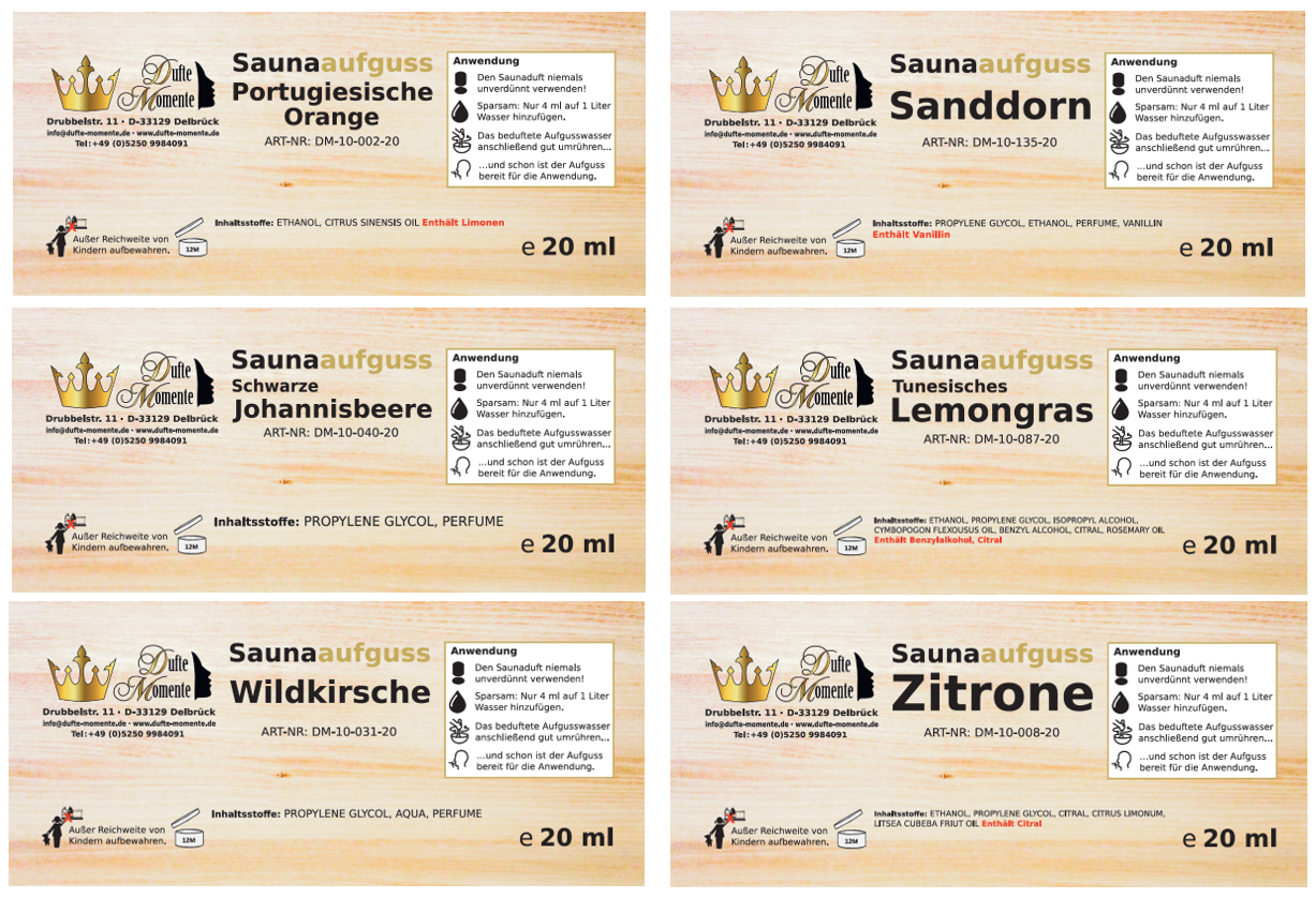 Übersicht Etiketten Saunaduft Konzentrat 20 ml 12er Set Klassiker 2