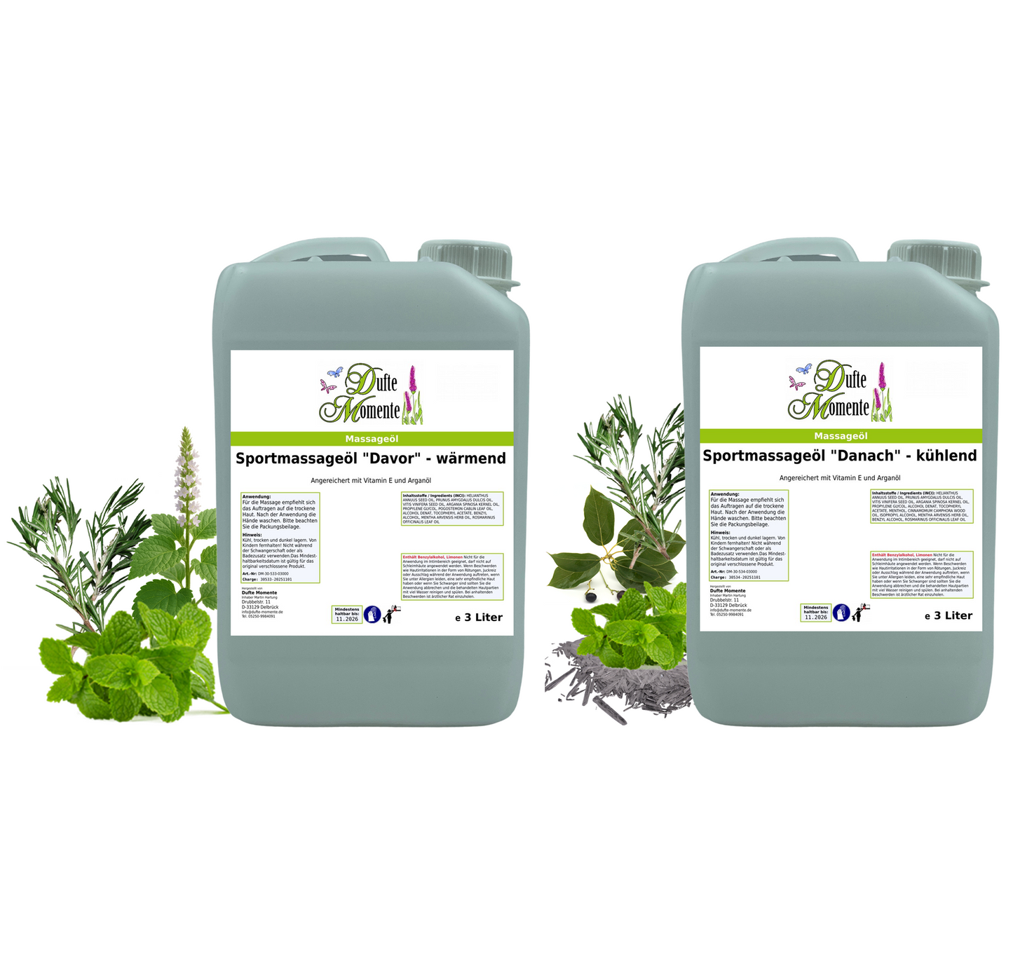 2 Flaschen Massageöl 3 Liter mit visualisierten Bestandteilen