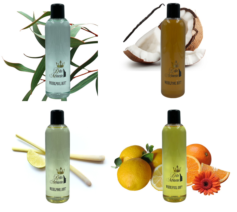 Whirlpooldüfte im 4er Set: Eukalyptus, Kokos-Vanille, Lemongras und Orange-Citrus – je 250ml Flasche