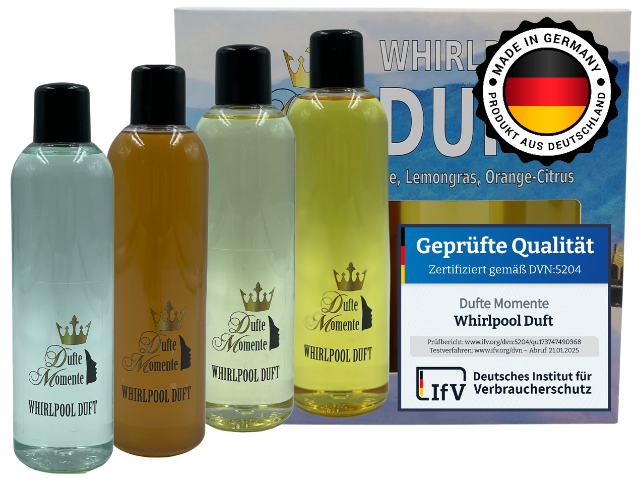 Whirlpooldüfte 4x250ml Set im Karton mit Siegel – Eukalyptus, Kokos-Vanille, Lemongras, Orange-Citrus – Bestseller von Dufte Momente