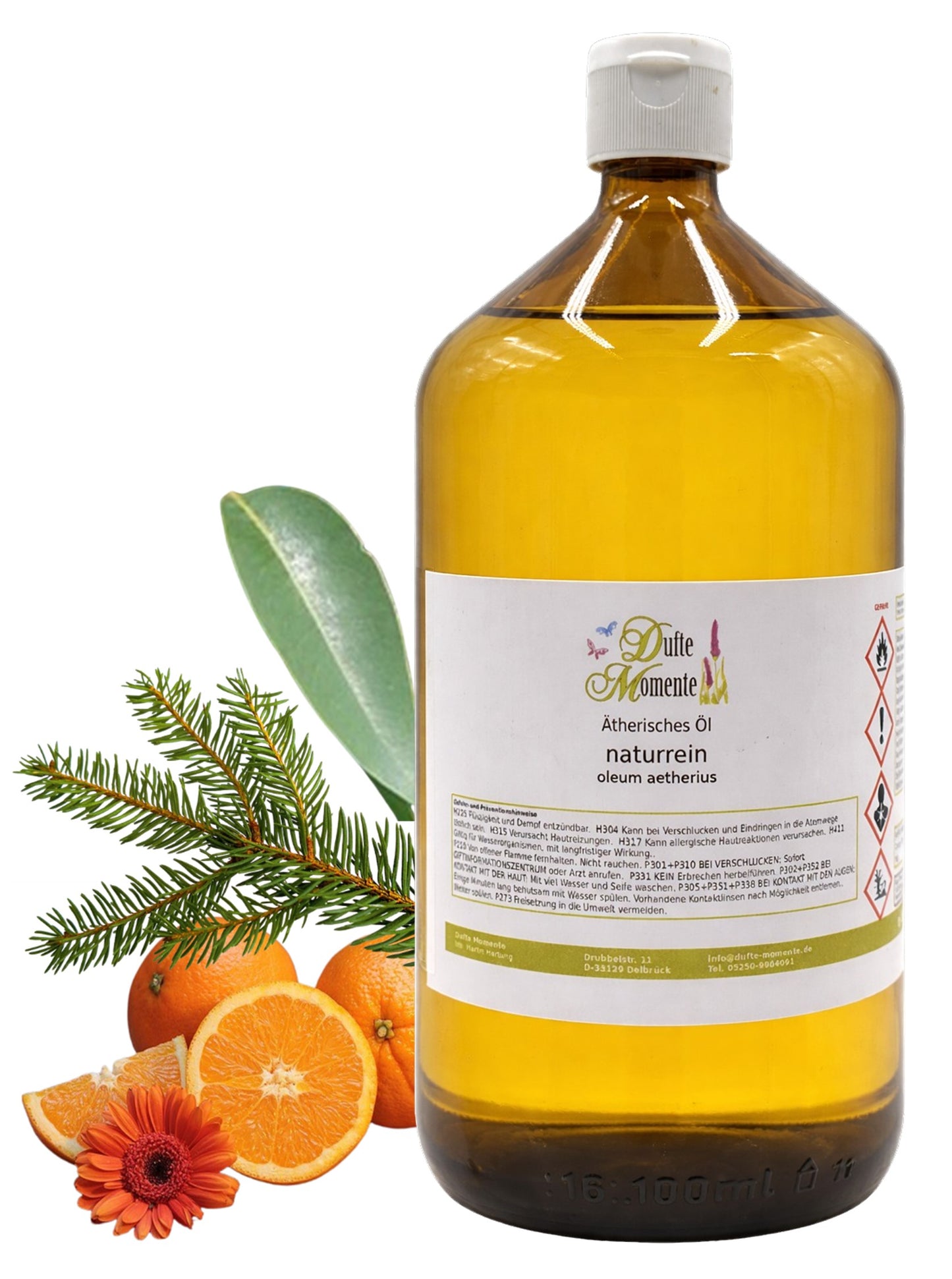 Ätherische Ölmischung Frühling naturrein mit Amyris Fichtennadel und Orange in Glasflasche Dufte Momente 1000 ml
