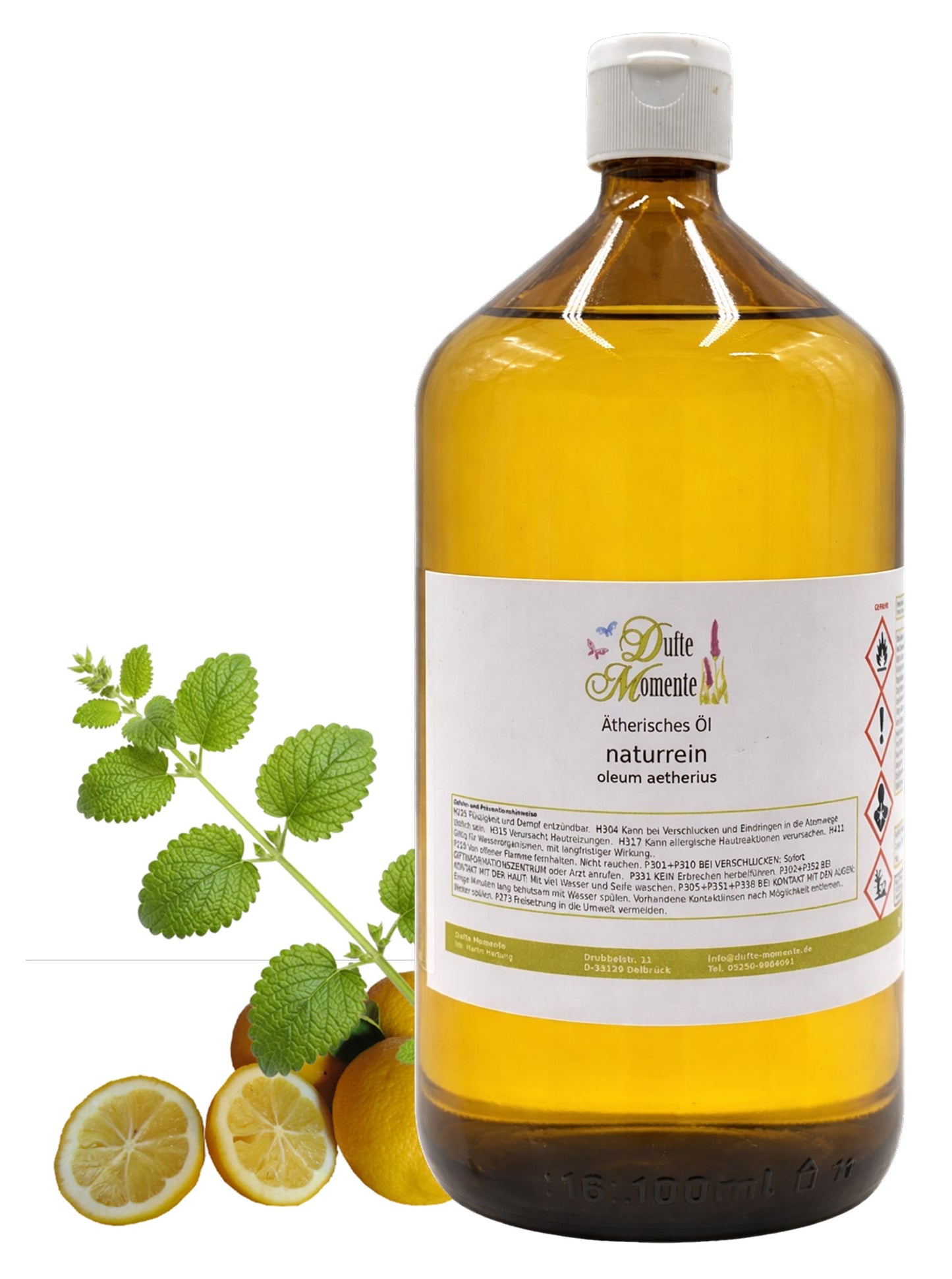 1000-ml-Flasche der ätherischen Ölmischung Melisse-Zitrone von Dufte Momente mit Melisseblättern und Zitronen auf weißem Hintergrund