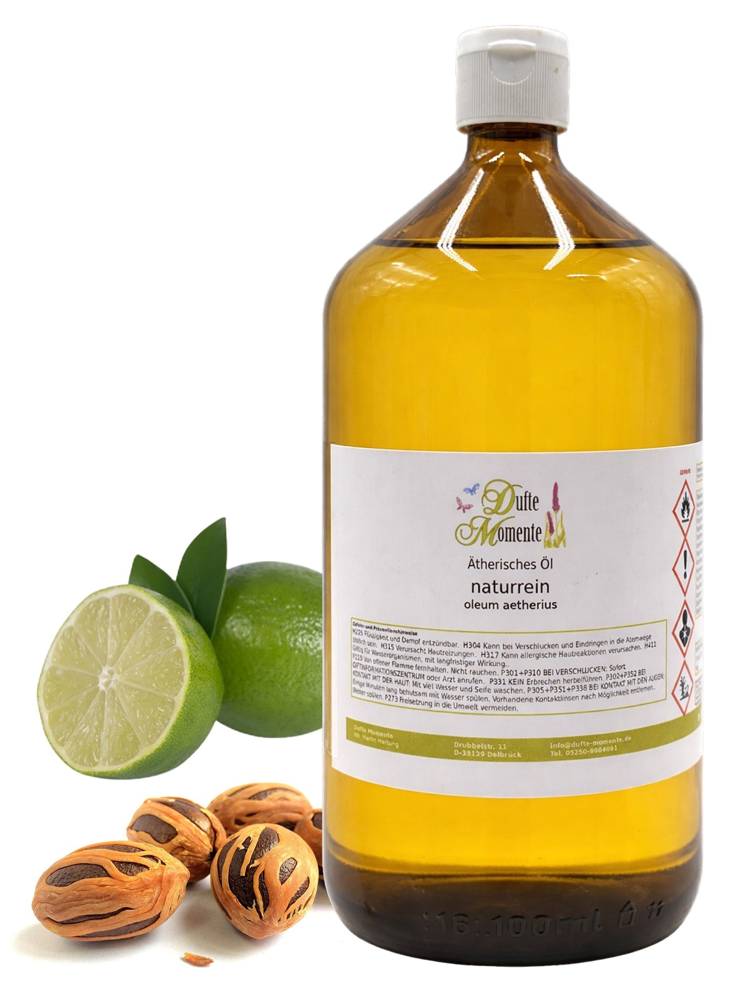 1000-ml-Flasche der ätherischen Ölmischung Muskalimetto mit Limetten und Muskatnüssen