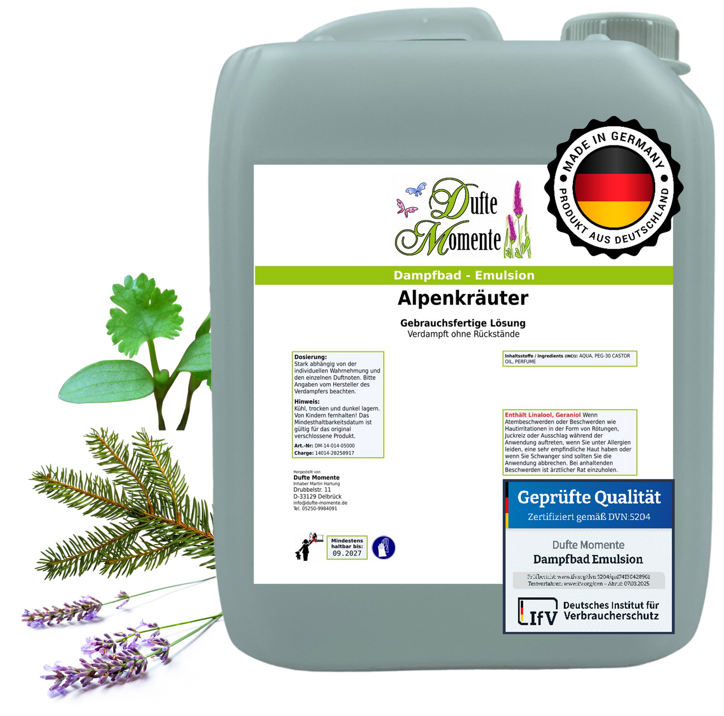 Dampfbad-Emulsion Alpenkräuter | Gebrauchsfertig & DVN-Zertifiziert für Dein Home-Spa | 3L, 5L, 10L