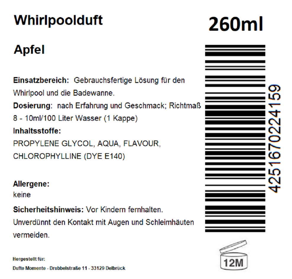 Whirlpoolduft 260 ml Etikett Apfel