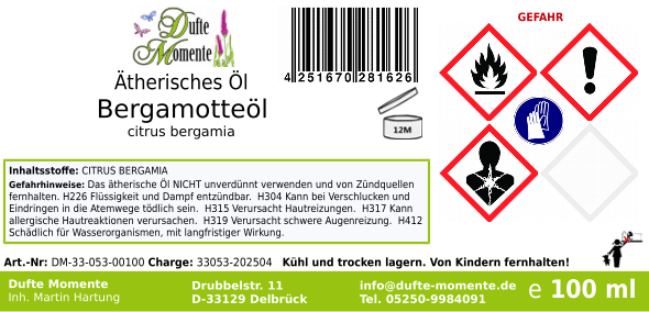 Ätherisches Öl Etikett 100 ml Bergamotte