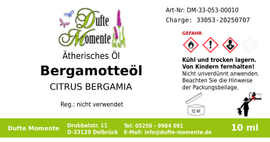 Ätherisches Öl Etikett 10 ml Bergamotte