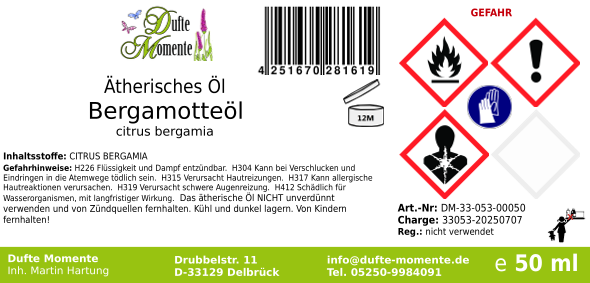 Ätherisches Öl Etikett 50 ml Bergamotte