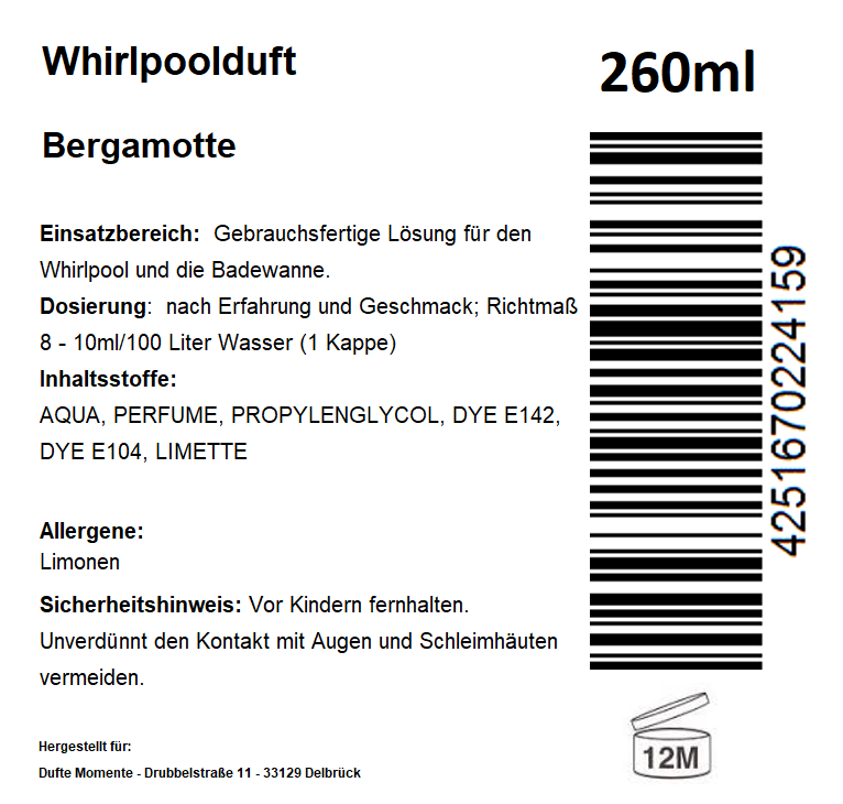 Whirlpoolduft 260 ml Etikett Bergamotte