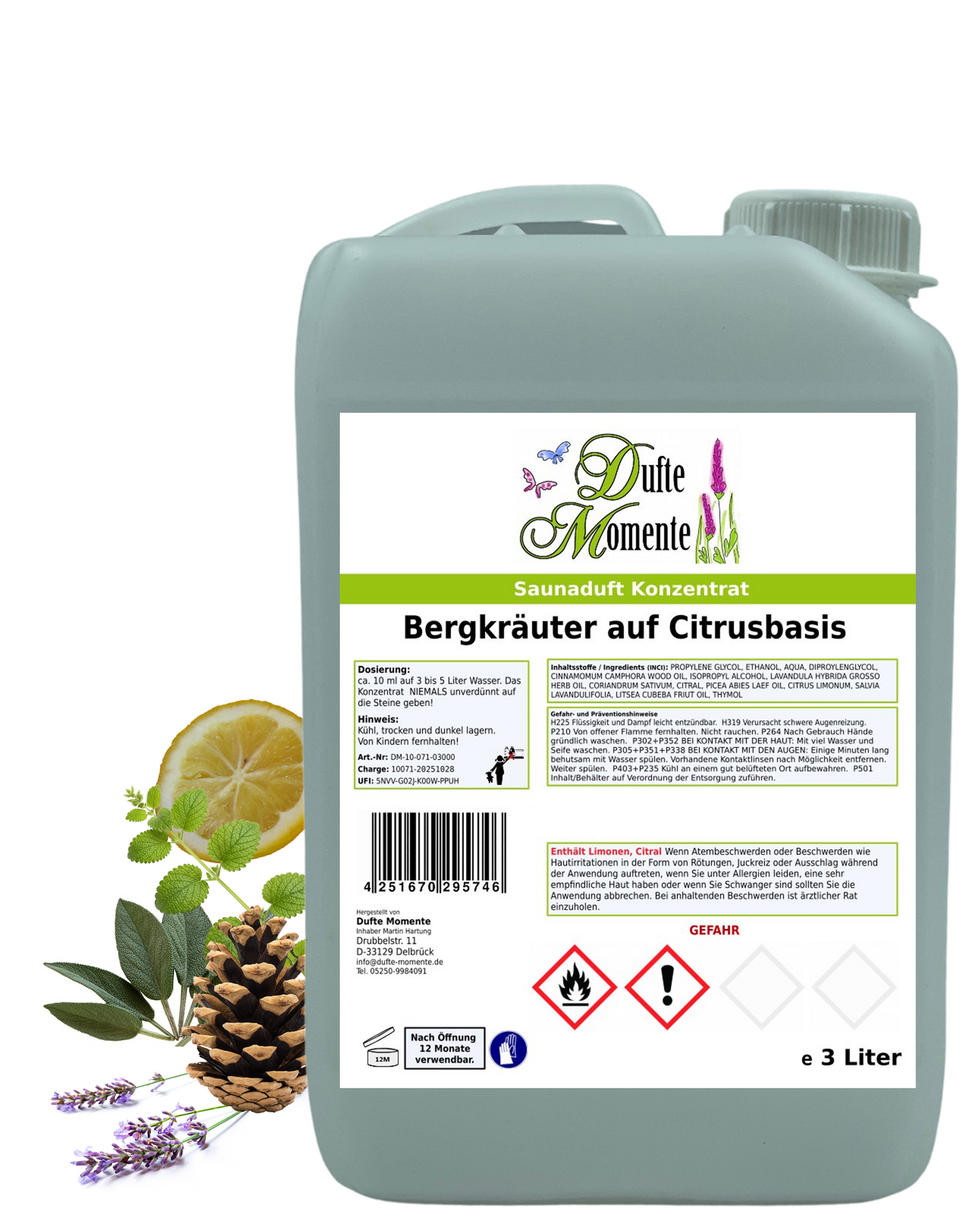 Saunaduft Bergkräuter auf Citrusbasis in 3 Liter Kanister mit Kräutern, Zitrone