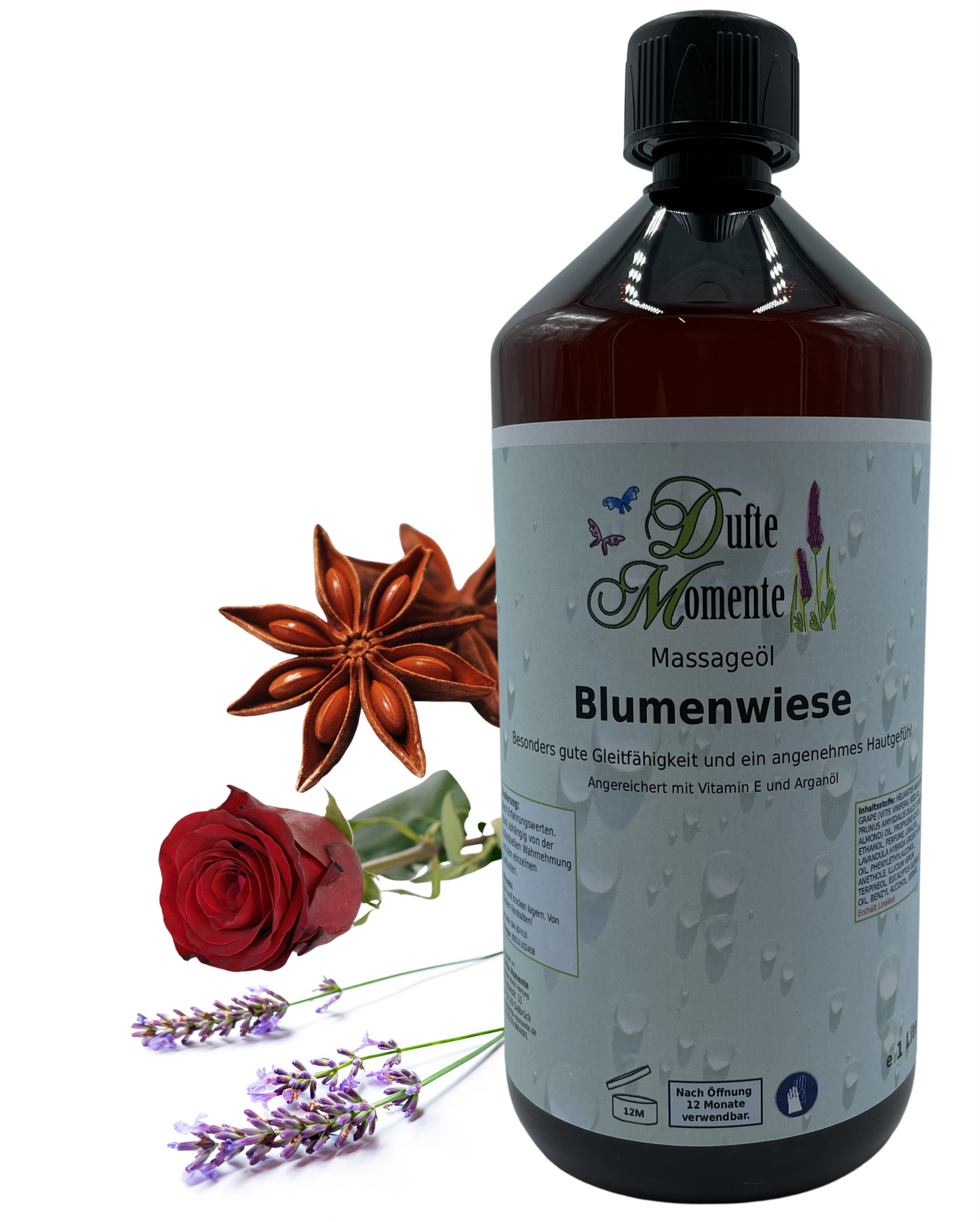 Massageöl 1 Liter Blumenwiese mit visualisierten Bestandteilen