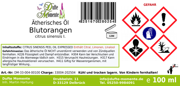 Ätherisches Öl Etikett 100 ml Blutorange