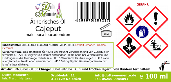 Ätherisches Öl Etikett 100 ml Cajeput