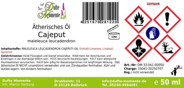 Ätherisches Öl Etikett 50 ml Cajeput