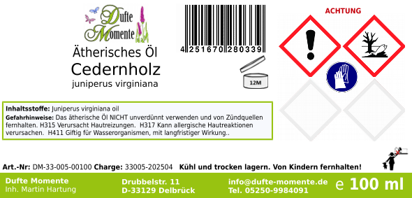 Ätherisches Öl Etikett 100 ml Cedernholz