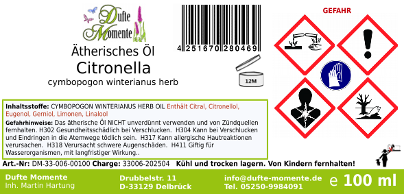 Ätherisches Öl Etikett 100 ml Citronella
