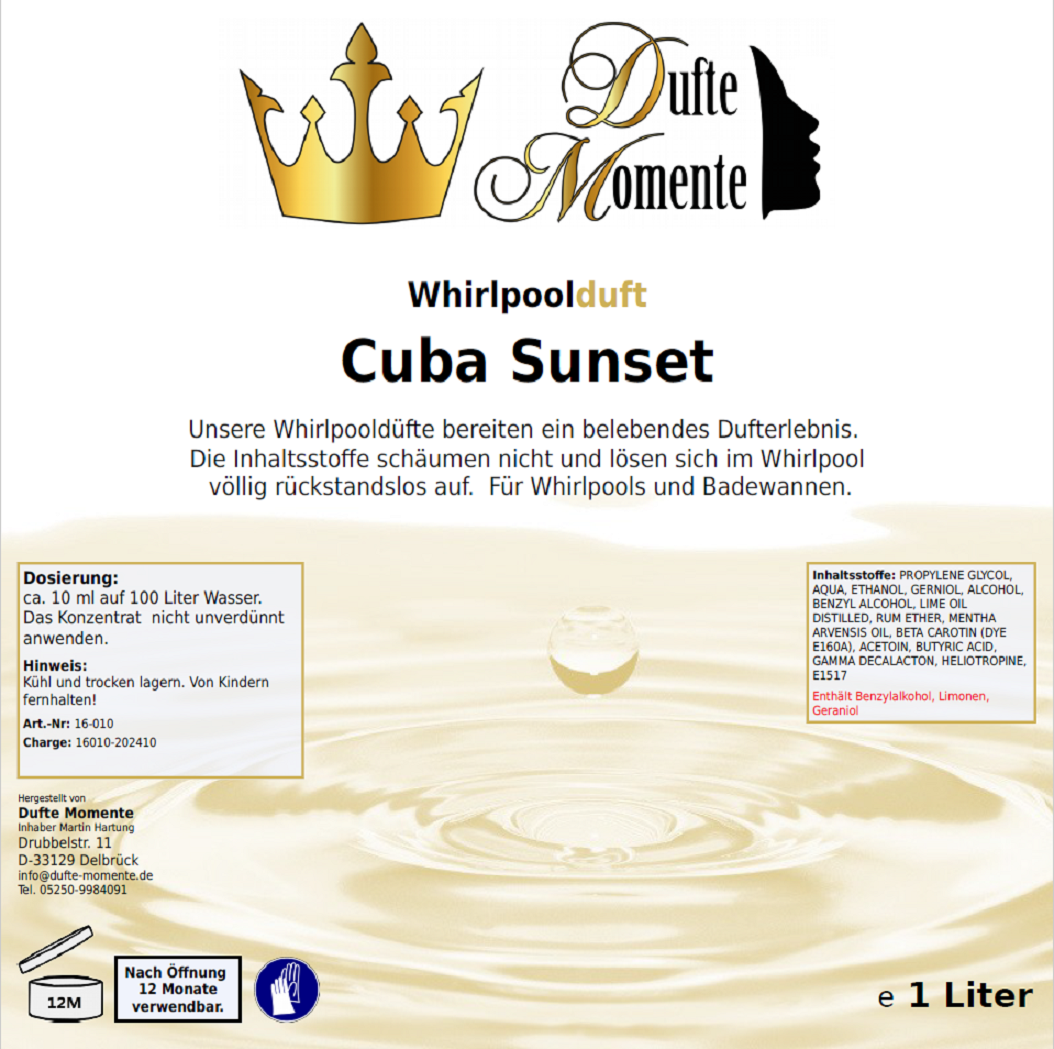 Whirlpoolduft 1 Liter Etikett Cuba Sunset
