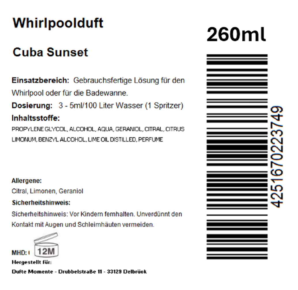 Whirlpoolduft 260 ml Etikett Cuba Sunset