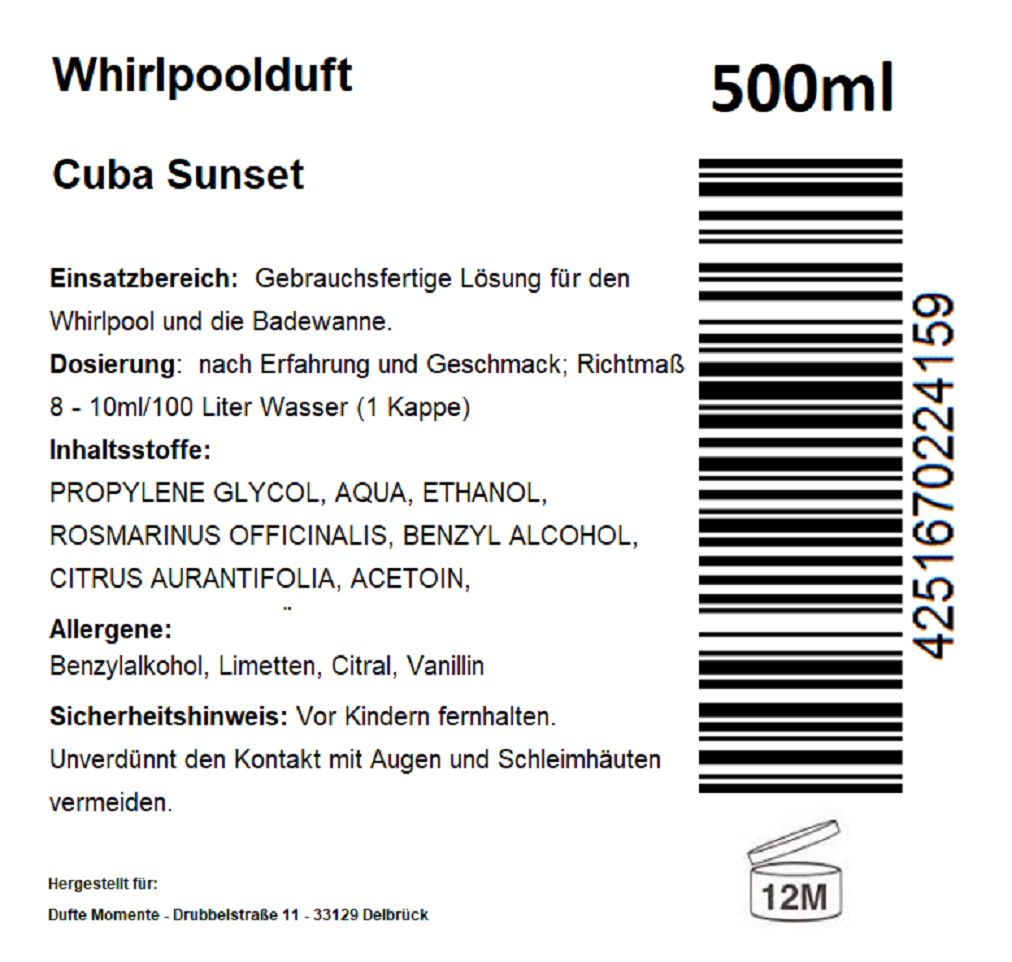 Whirlpoolduft 500 ml Etikett Cuba Sunset