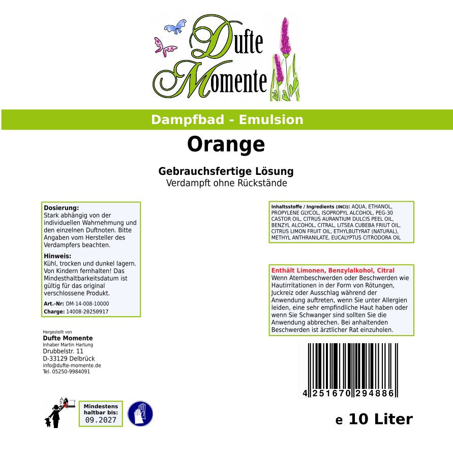 Dampfbad-Emulsion Orange | Gebrauchsfertig & DVN-Zertifiziert für Dein Home-Spa | 3L, 5L, 10L