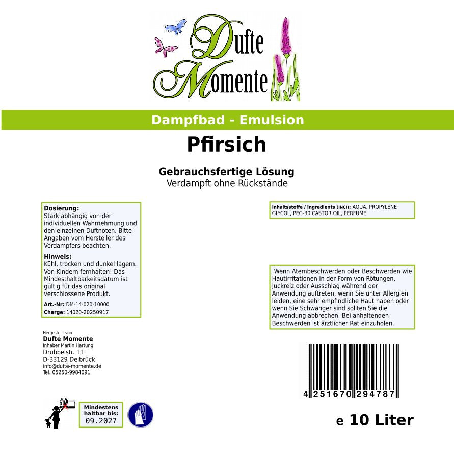 Dampfbad-Emulsion Pfirsich | Gebrauchsfertig & DVN-Zertifiziert für Dein Home-Spa | 3L, 5L, 10L