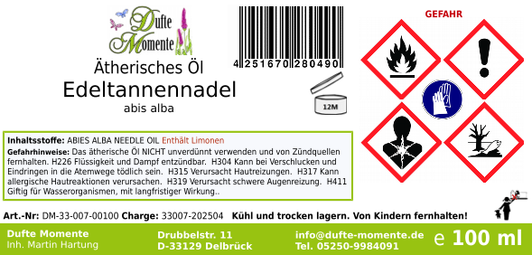 Ätherisches Öl Etikett 100 ml Edeltanne