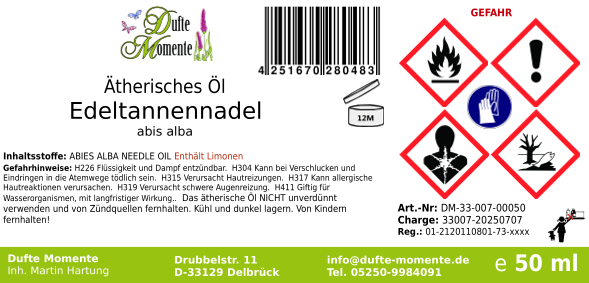 Ätherisches Öl Etikett 50 ml Edeltannennadel