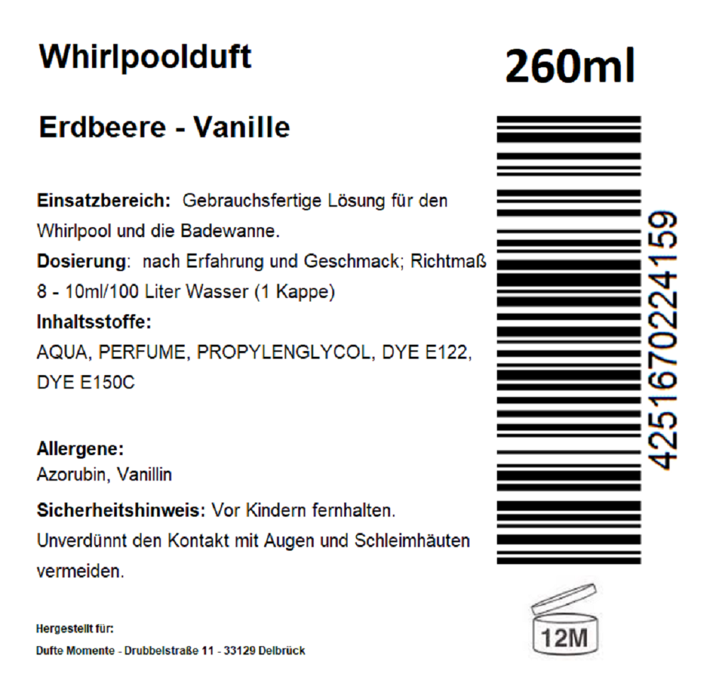 Whirlpoolduft 260 ml Etikett Erdbeere-Vanille