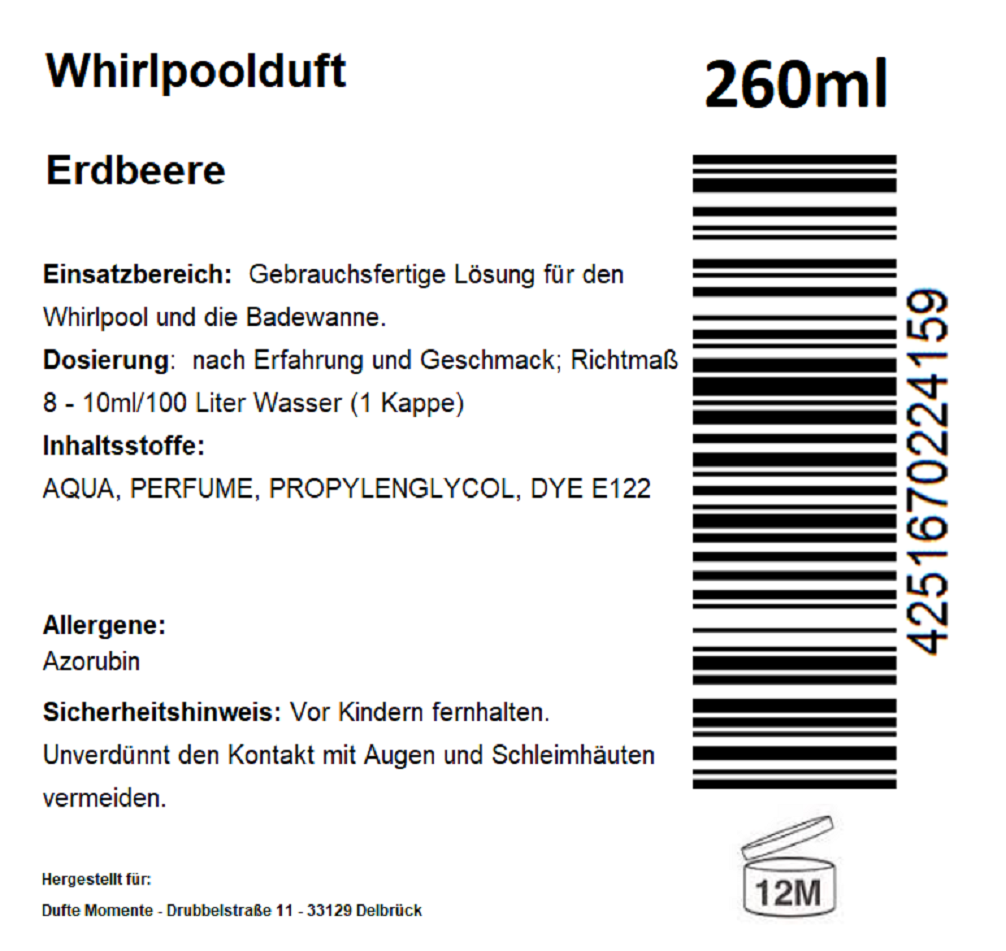 Whirlpoolduft 260 ml Etikett Erdbeere
