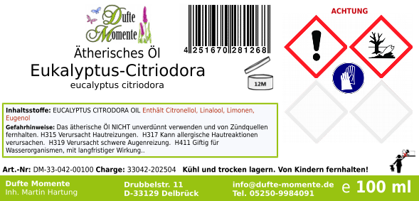 Ätherisches Öl Etikett 100 ml Eukalyptus-Citriodora
