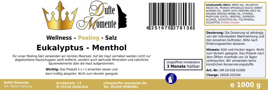 Eukalyptus-Menthol - 1 kg Salz Körperpeeling, mit BIO-Meersalz