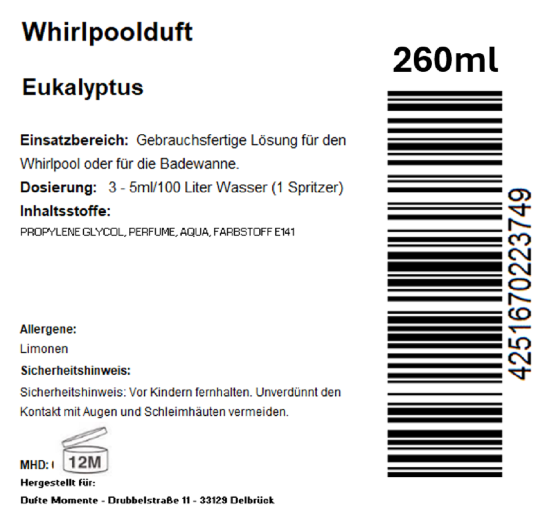 Whirlpoolduft 260 ml Etikett Eukalyptus