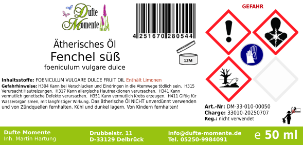 Ätherisches Öl Etikett 50 ml Fenchel
