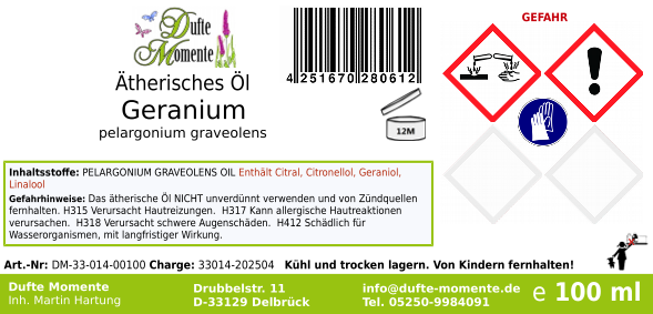Ätherisches Öl Etikett 100 ml Geranium