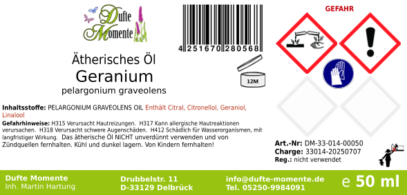 Ätherisches Öl Etikett 50 ml Geranium
