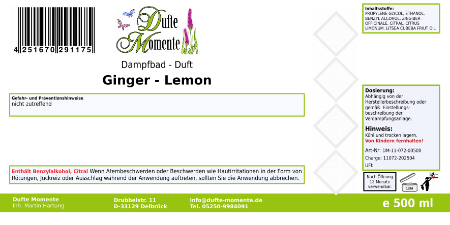 Dampfbadduft Konzentrat Etikett 500 ml Ginger - Lemon