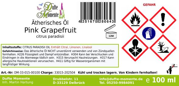 Ätherisches Öl Etikett 100 ml Pink Grapefruit