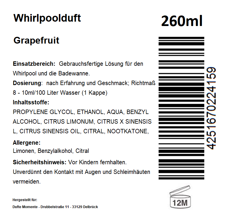 Whirlpoolduft 260 ml Etikett Grapefruit