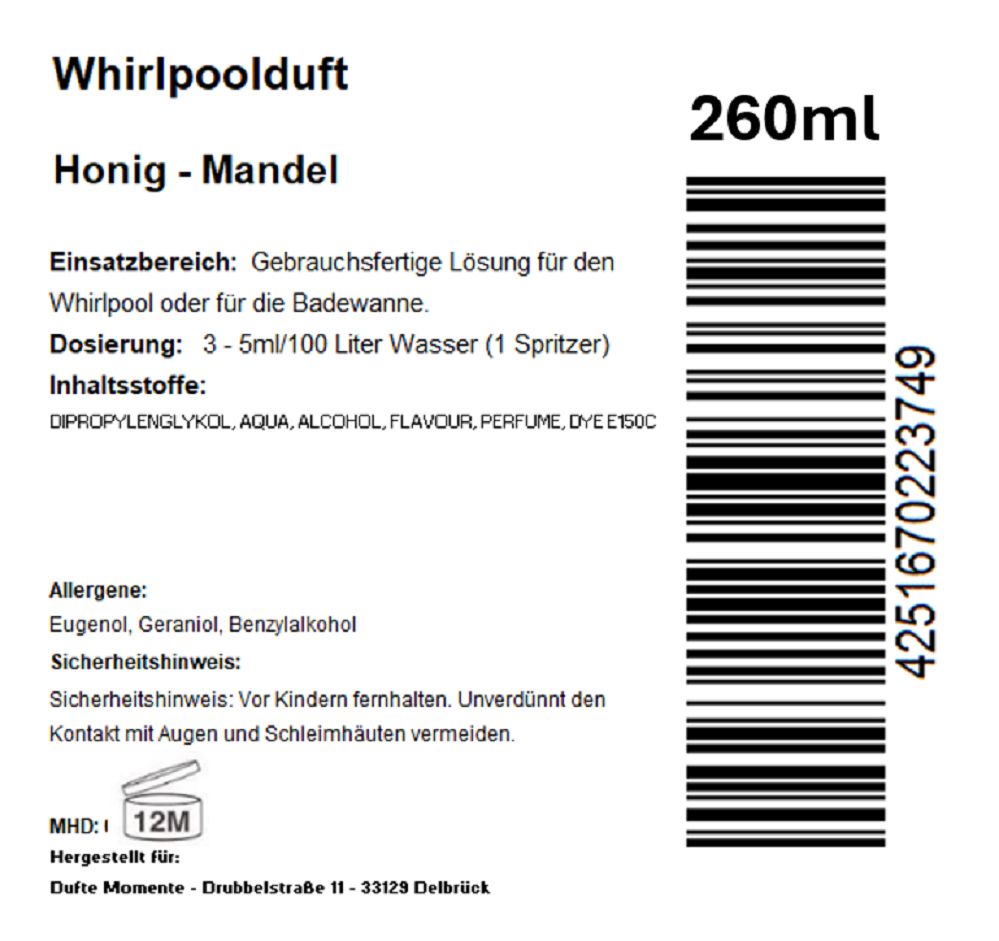 Whirlpoolduft 260 ml Etikett Honig - Mandel
