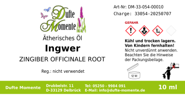 Ätherisches Öl Etikett 10 ml Ingwer