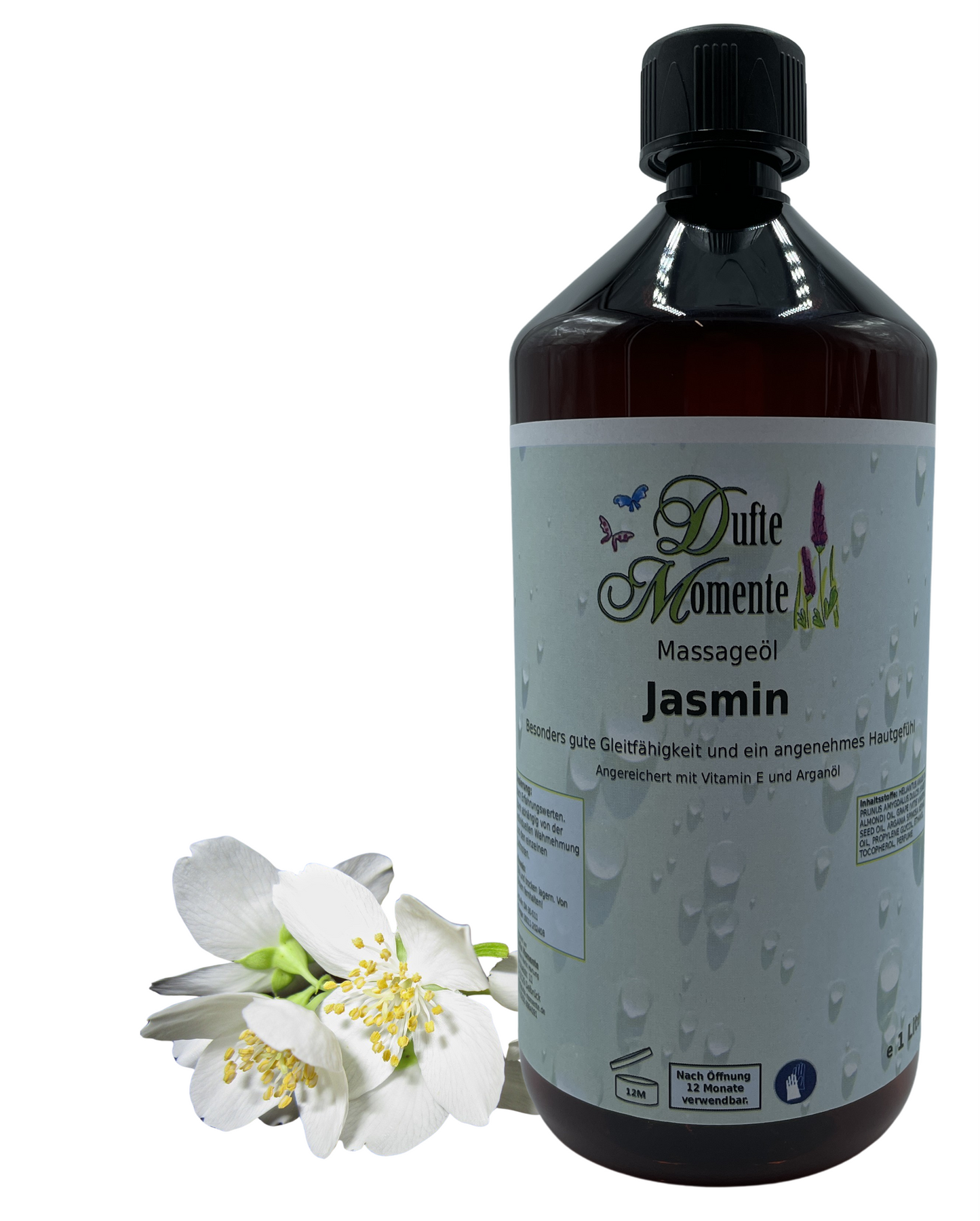 Massageöl 1 Liter Jasmin mit visualisierten Bestandteilen
