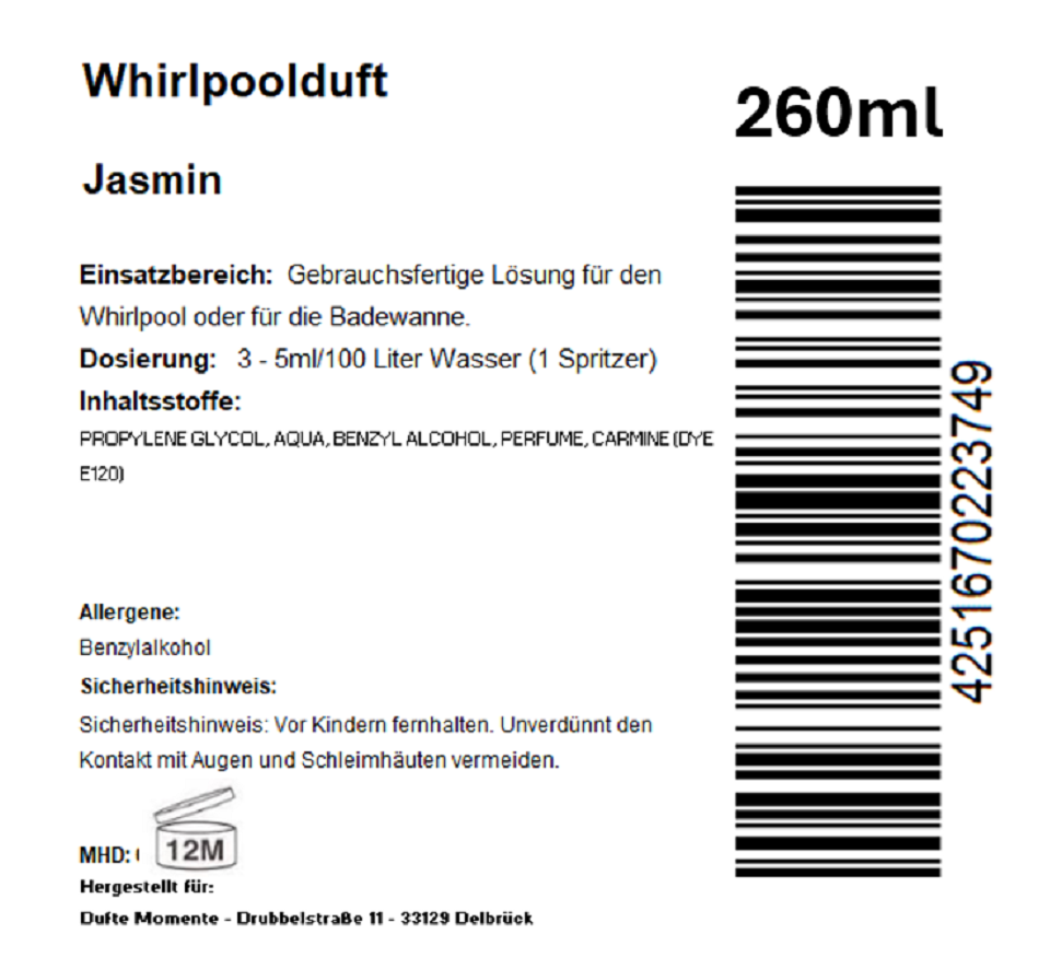 Whirlpoolduft 260 ml Etikett Jasmin