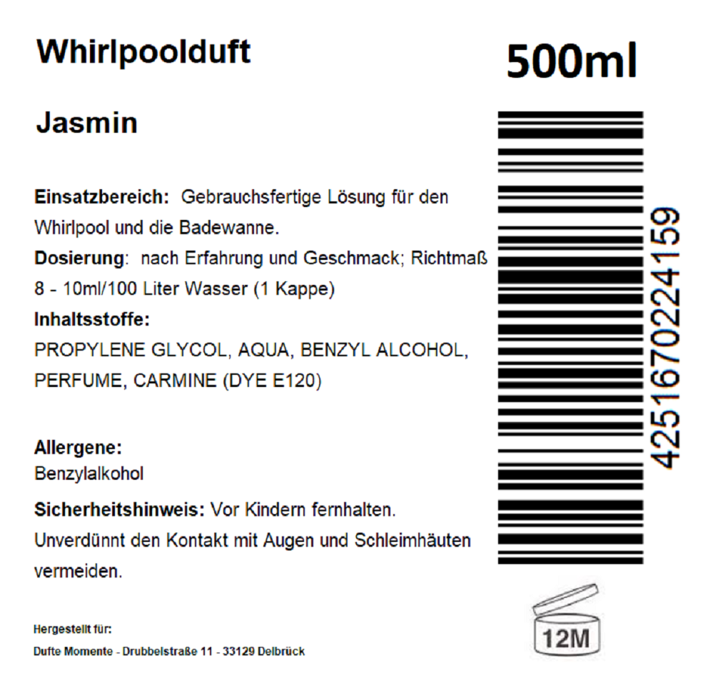 Whirlpoolduft 500 ml Etikett Jasmin