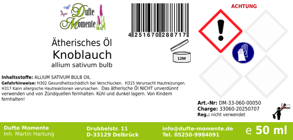 Ätherisches Öl Etikett 50 ml Knoblauch