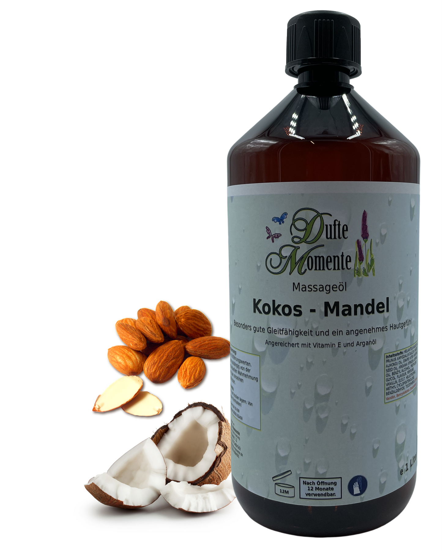 Massageöl 1 Liter Kokos-mandel mit visualisierten Bestandteilen