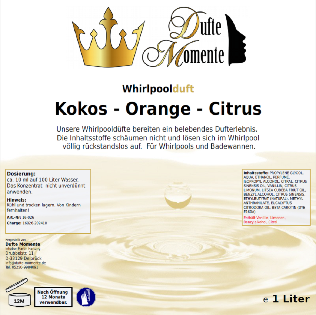 Whirlpoolduft 1 Liter Etikett Kokos - Orange - Citrus