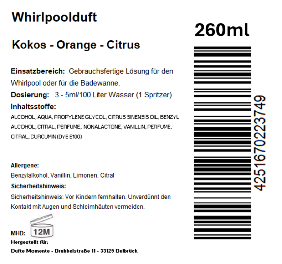 Whirlpoolduft 260 ml Etikett Kokos - Orange -Citrus