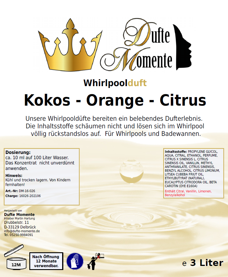 Whirlpoolduft 3 Liter Etikett Kokos - Orange - Citrus
