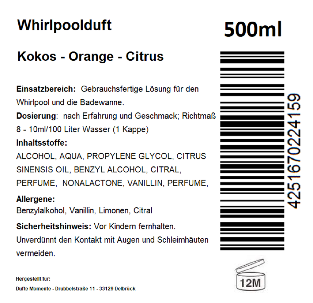 Whirlpoolduft 500 ml Etikett Kokos - Orange - Citrus